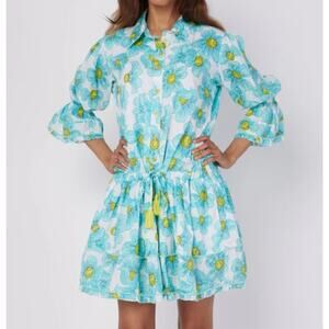 NEW Modaposa Penelope Dress Small Blue Floral Cotton Mini Ruffle Tassel Tie